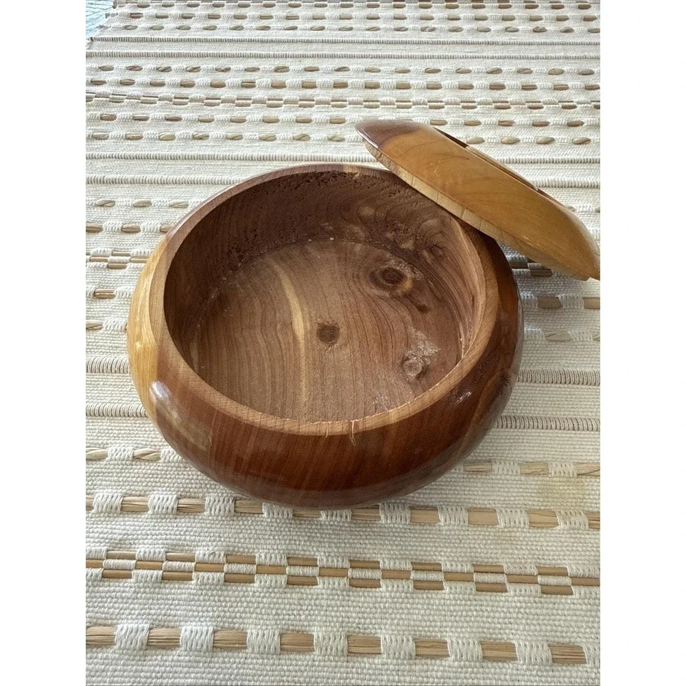 Vintage Hand turned Small Wood Bowl With‎ Lid Trinket Dish MCM